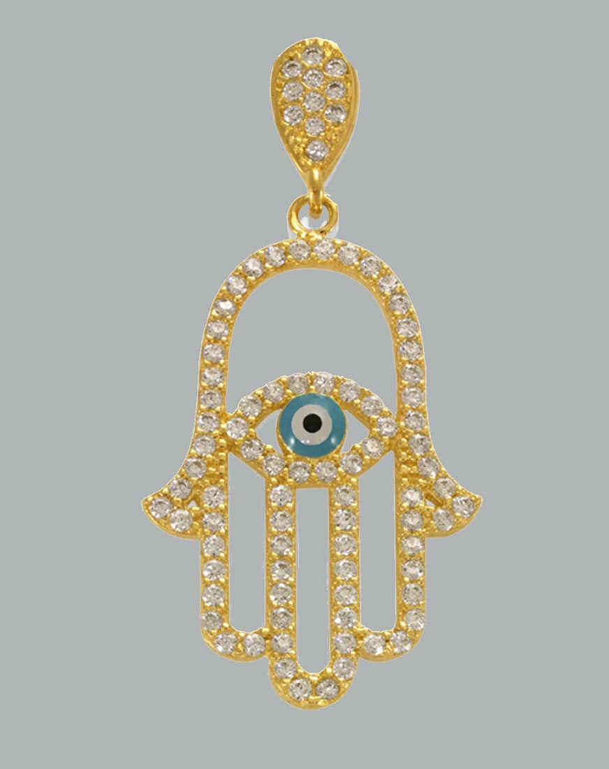 14K YELLOW GOLD CZ CHARM PENDANT HAMSA HAND EVIL EYE: NEW 14K YELLOW GOLD HAMSA CZ PENDANT New 14K Yellow Gold pendant Pendant measures 16.5mm x 23.5mm Set with cubic zirconia Polished finish Stamp: 14k Apx Weight: 2.1g