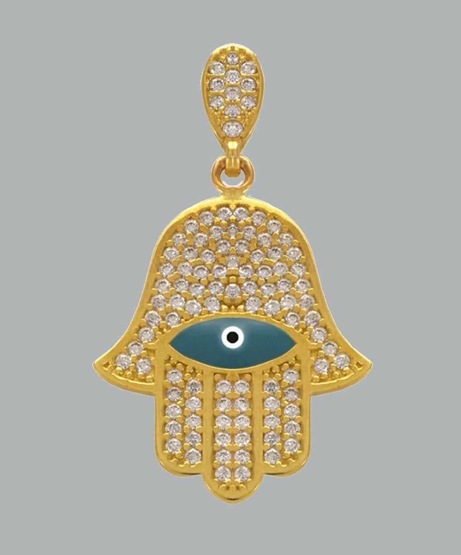 14K YELLOW GOLD CZ CHARM PENDANT HAMSA HAND EVIL EYE (1 of 1)