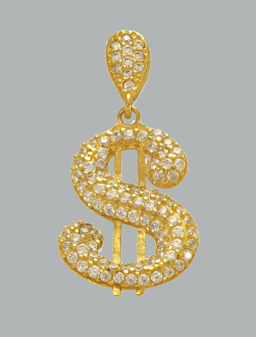 NEW 14K YELLOW GOLD CZ FANCY CHARM PENDANT DOLLAR SIGN: NEW 14K YELLOW GOLD CZ DOLLAR SIGN PENDANT New 14K Yellow Gold pendant Pendant measures 13.5mm x 20mm Set with cubic zirconia Polished finish Stamp: 14k Apx Weight: 1.6g