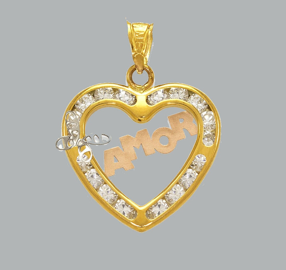 14K TRI COLOR GOLD CZ FANCY CHARM PENDANT AMOR HEART: NEW 14K TRI COLOR GOLD CZ HEART PENDANT New 14K Tri color Gold pendant Heart measures 17x16mm Set with cubic zirconia Polished finish Stamp: 14k Apx Weight: 1g