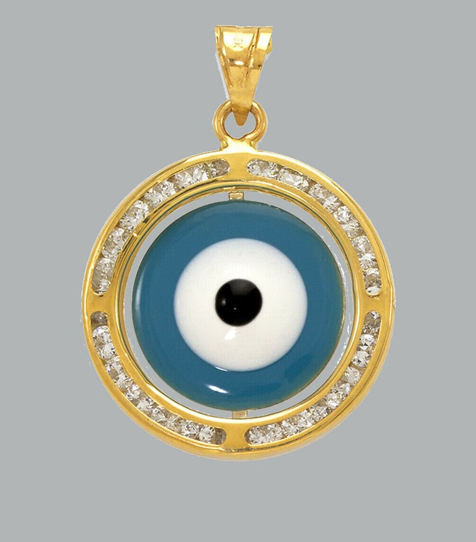 14K YELLOW GOLD ENAMEL CZ EVIL EYE CHARM PENDANT 18mm (1 of 1)