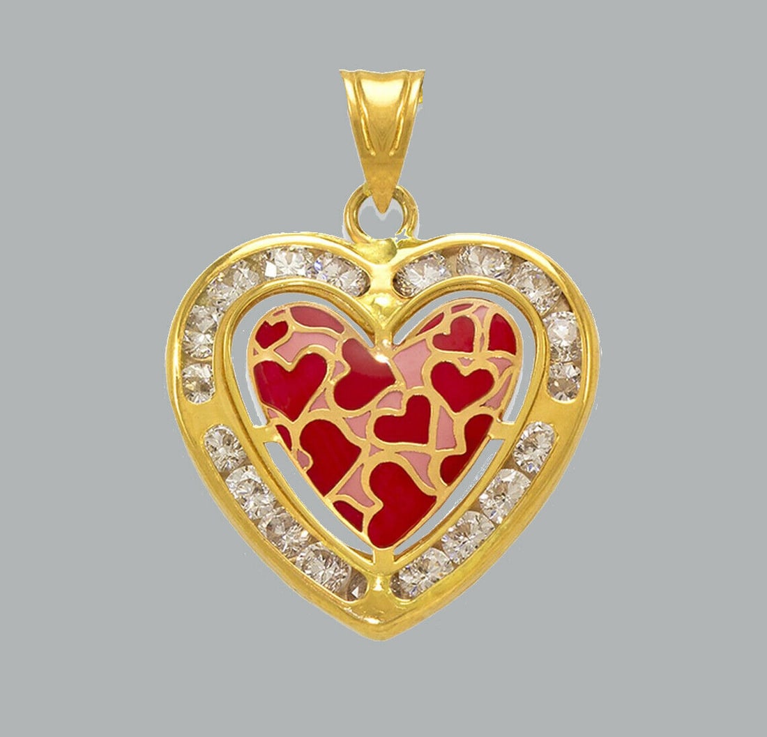 NEW 14K YELLOW GOLD CZ FANCY CHARM PENDANT HEART ENAMEL (1 of 1)