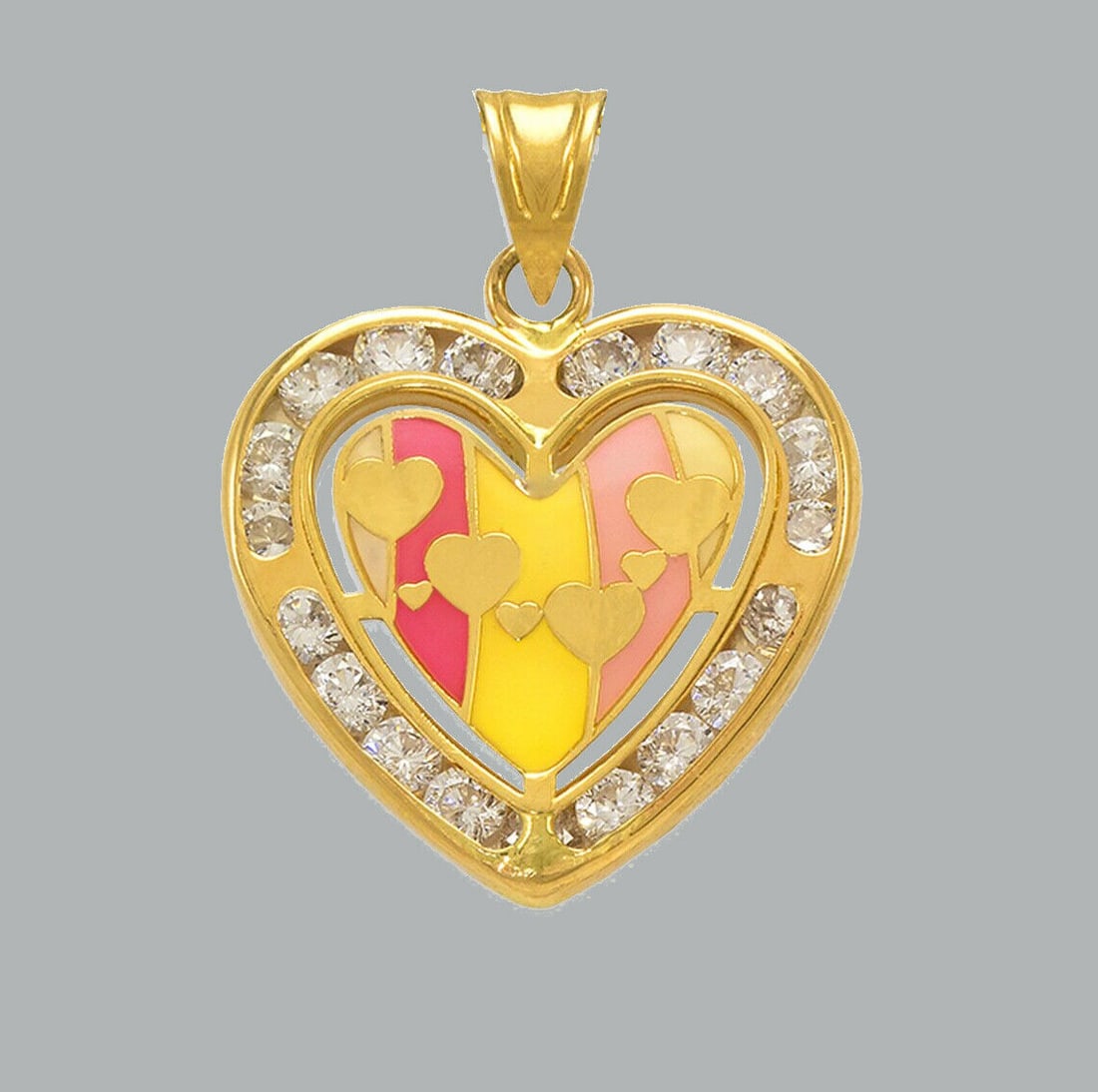 NEW 14K YELLOW GOLD CZ FANCY CHARM PENDANT HEART ENAMEL: NEW 14K YELLOW GOLD ENAMEL CZ HEART PENDANT New 14K Yellow Gold pendant Heart measures 17x16mm Set with cubic zirconia Enamel Polished finish Stamp: 14k Apx Weight: 1.1g
