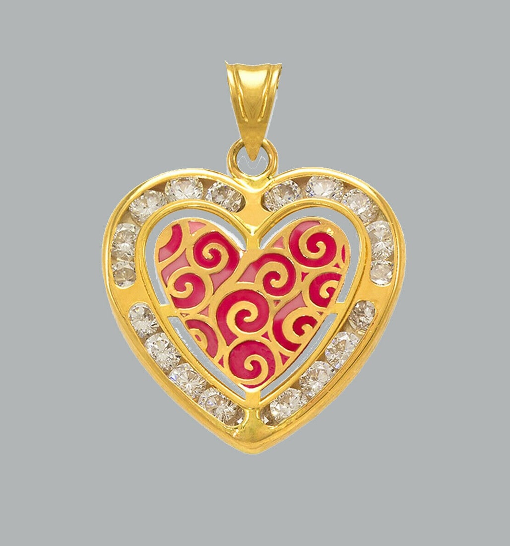 NEW 14K YELLOW GOLD CZ FANCY CHARM PENDANT HEART ENAMEL: NEW 14K YELLOW GOLD ENAMEL CZ HEART PENDANT New 14K Yellow Gold pendant Heart measures 17x16mm Set with cubic zirconia Enamel Polished finish Stamp: 14k Apx Weight: 1.1g