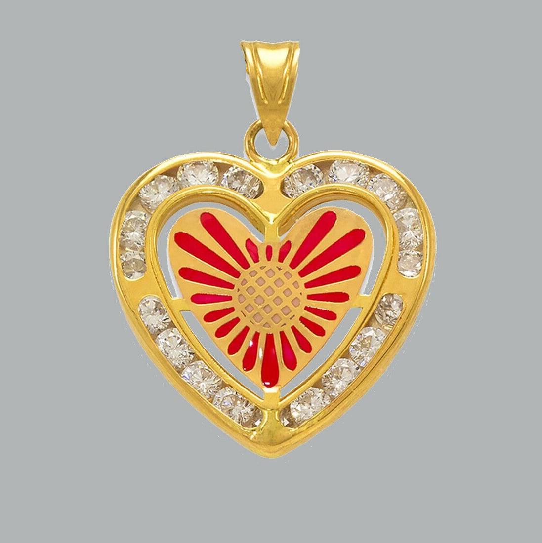 NEW 14K YELLOW GOLD CZ FANCY CHARM PENDANT HEART ENAMEL: NEW 14K YELLOW GOLD ENAMEL CZ HEART PENDANT New 14K Yellow Gold pendant Heart measures 17x16mm Set with cubic zirconia Enamel Polished finish Stamp: 14k Apx Weight: 1.1g