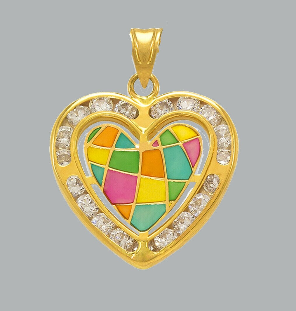 NEW 14K YELLOW GOLD CZ FANCY CHARM PENDANT HEART ENAMEL: NEW 14K YELLOW GOLD ENAMEL CZ HEART PENDANT New 14K Yellow Gold pendant Heart measures 17x16mm Set with cubic zirconia Enamel Polished finish Stamp: 14k Apx Weight: 1.1g