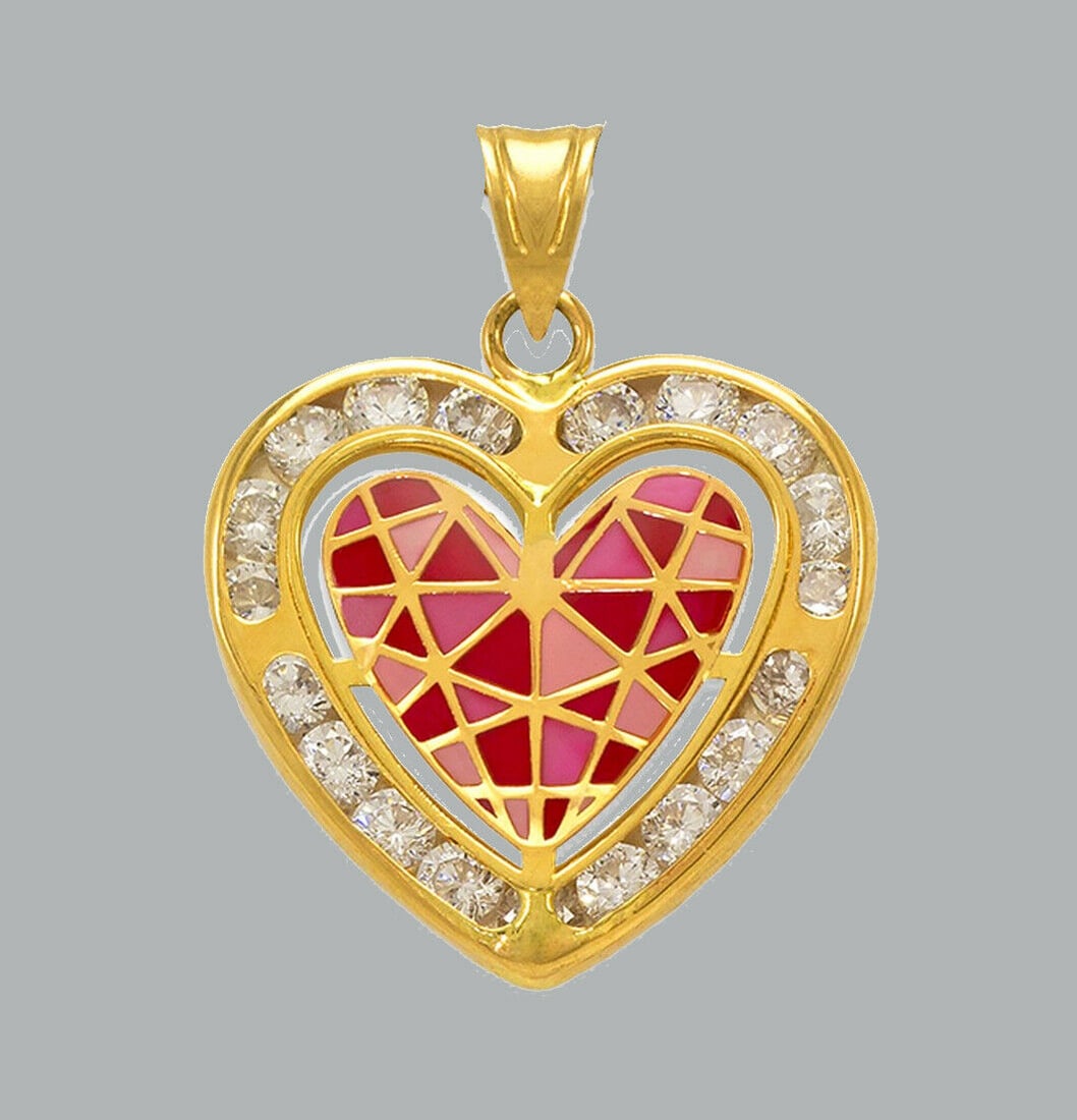 NEW 14K YELLOW GOLD CZ FANCY CHARM PENDANT HEART ENAMEL: NEW 14K YELLOW GOLD ENAMEL CZ HEART PENDANT New 14K Yellow Gold pendant Heart measures 17x16mm Set with cubic zirconia Enamel Polished finish Stamp: 14k Apx Weight: 1.1g