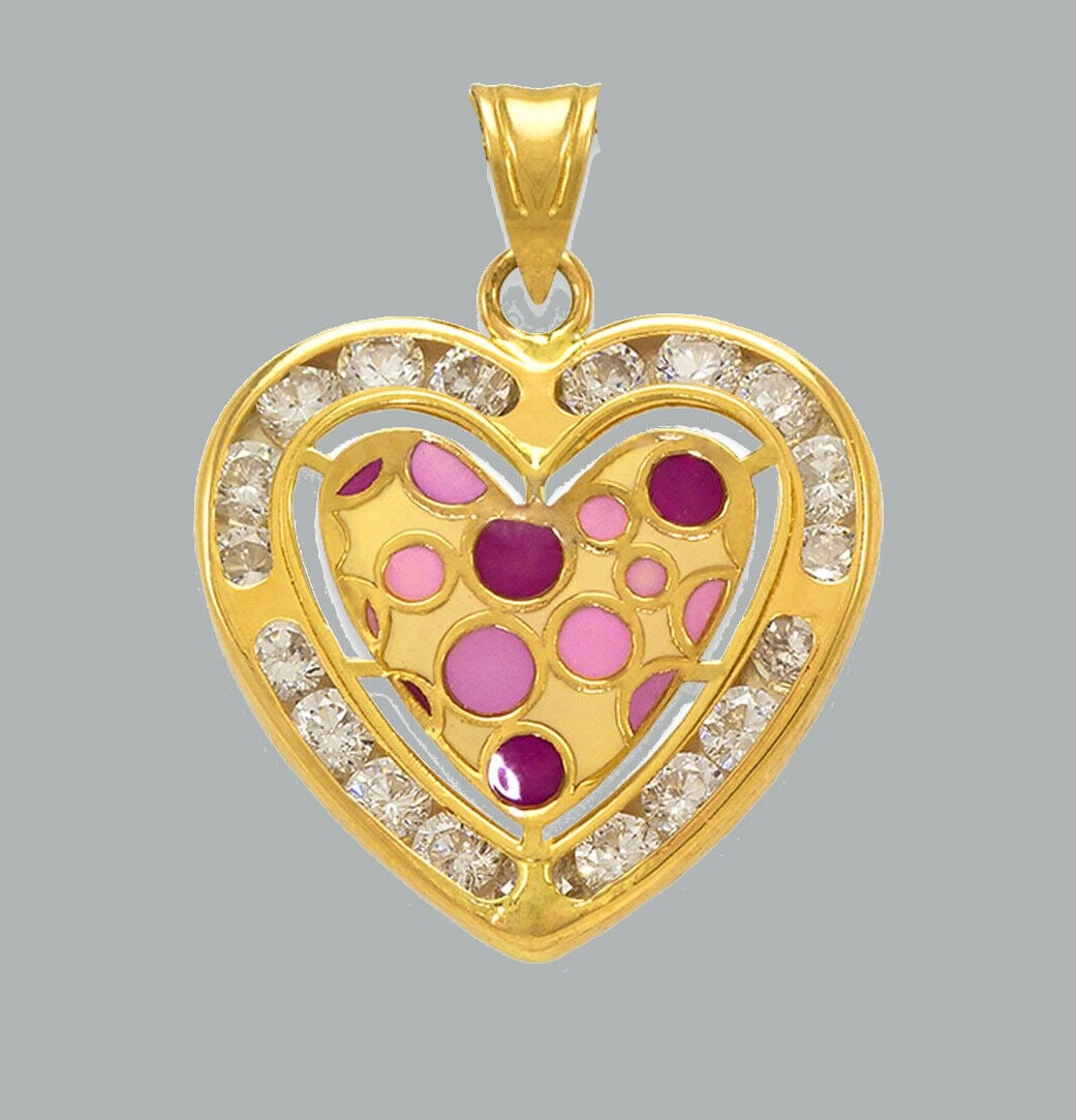 NEW 14K YELLOW GOLD CZ FANCY CHARM PENDANT HEART ENAMEL: NEW 14K YELLOW GOLD ENAMEL CZ HEART PENDANT New 14K Yellow Gold pendant Heart measures 17x16mm Set with cubic zirconia Enamel Polished finish Stamp: 14k Apx Weight: 1.1g