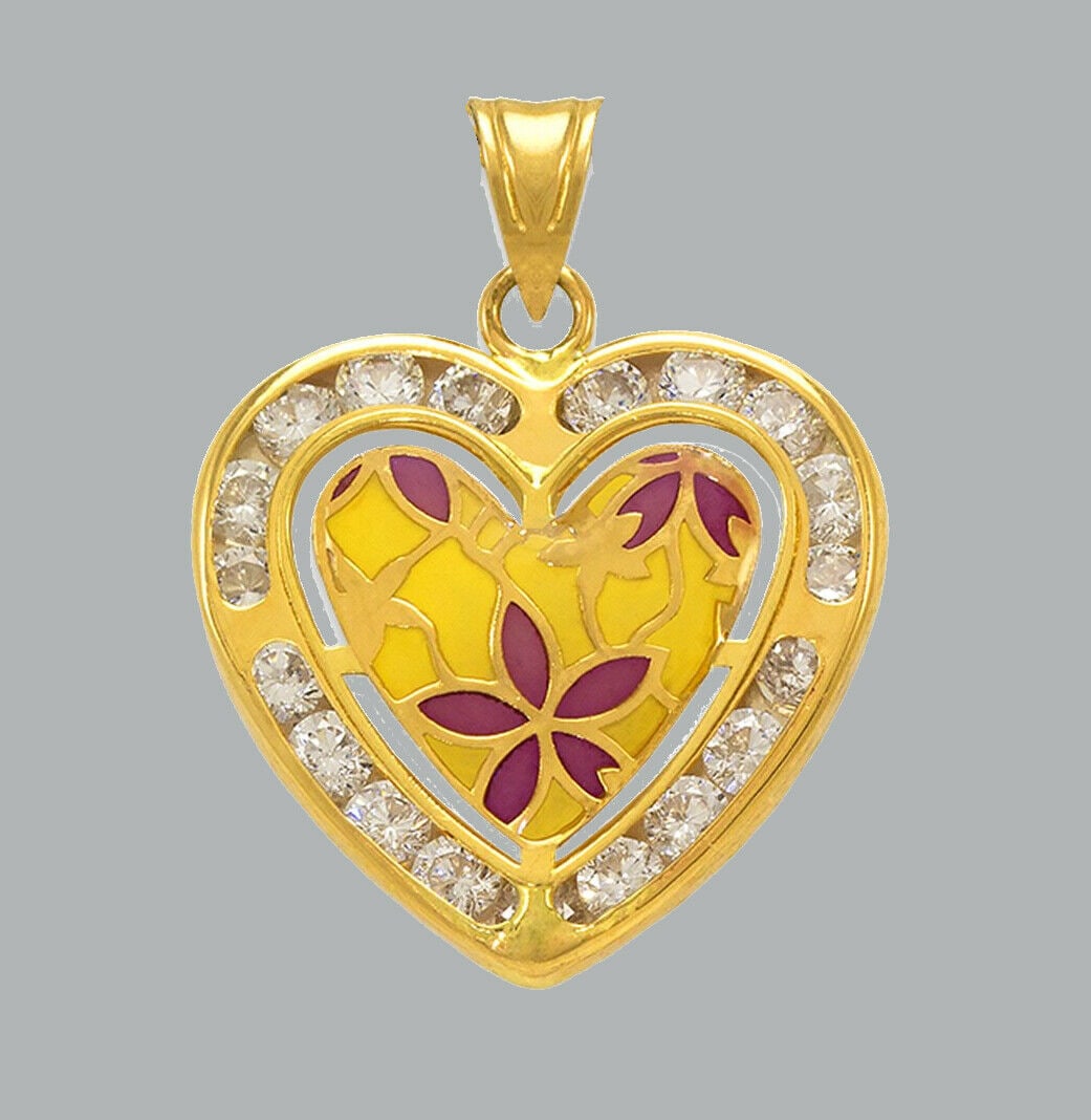 NEW 14K YELLOW GOLD CZ FANCY CHARM PENDANT HEART ENAMEL (1 of 1)