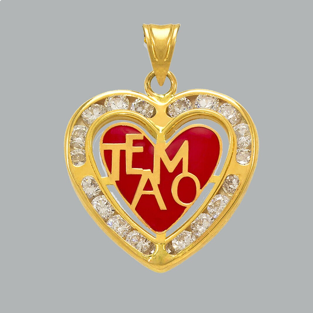 14K YELLOW GOLD CZ CHARM PENDANT HEART ENAMEL TE AMO: NEW 14K YELLOW GOLD ENAMEL CZ HEART PENDANT New 14K Yellow Gold pendant Heart measures 17x16mm Set with cubic zirconia Enamel Polished finish Stamp: 14k Apx Weight: 1.1g
