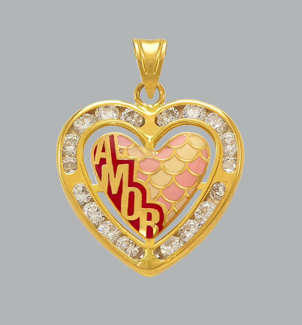 14K YELLOW GOLD CZ CHARM PENDANT HEART ENAMEL AMOR: NEW 14K YELLOW GOLD ENAMEL CZ HEART PENDANT New 14K Yellow Gold pendant Heart measures 17x16mm Set with cubic zirconia Enamel Polished finish Stamp: 14k Apx Weight: 1.1g
