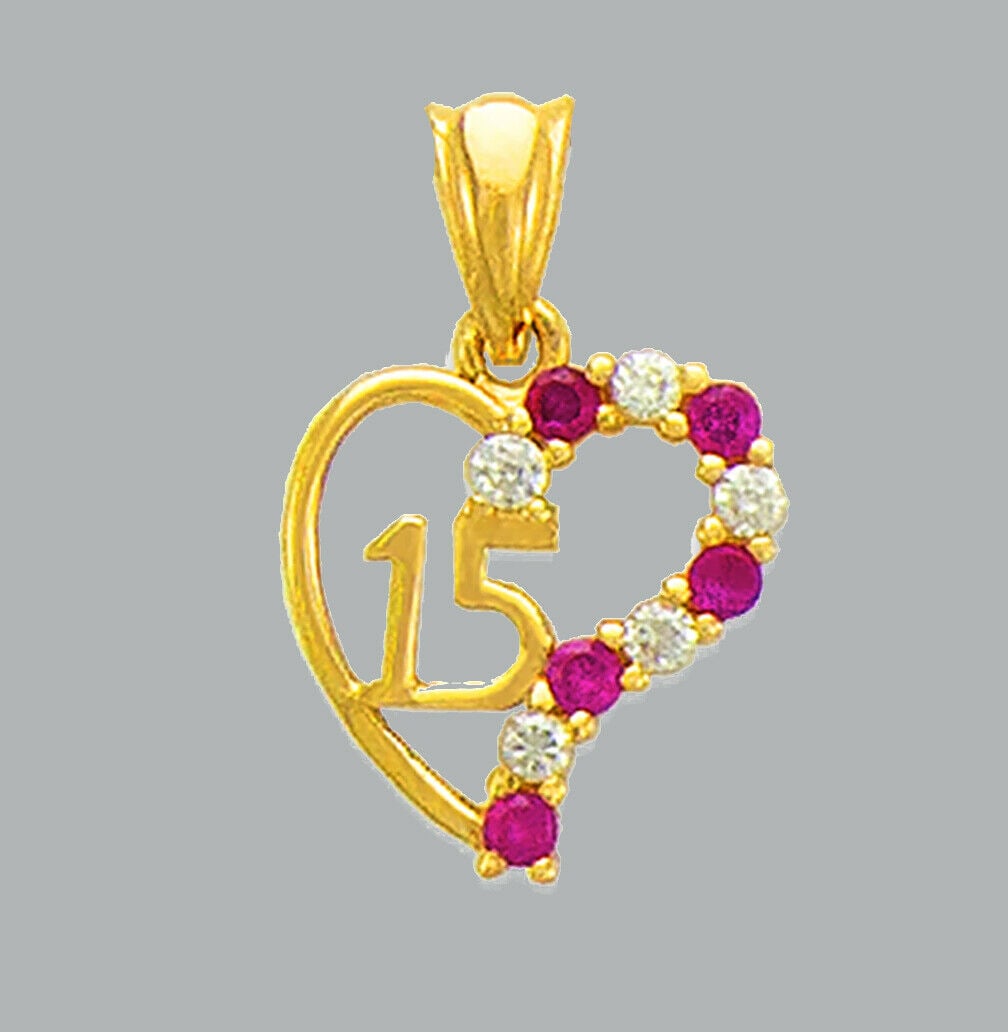14K YELLOW GOLD RED CZ CHARM PENDANT HEART 15 ANOS: NEW 14K YELLOW GOLD CZ HEART PENDANT New 14K Yellow Gold pendant Heart measures 11x12mm Set with cubic zirconia Polished finish Stamp: 14k Apx Weight: 1.2g