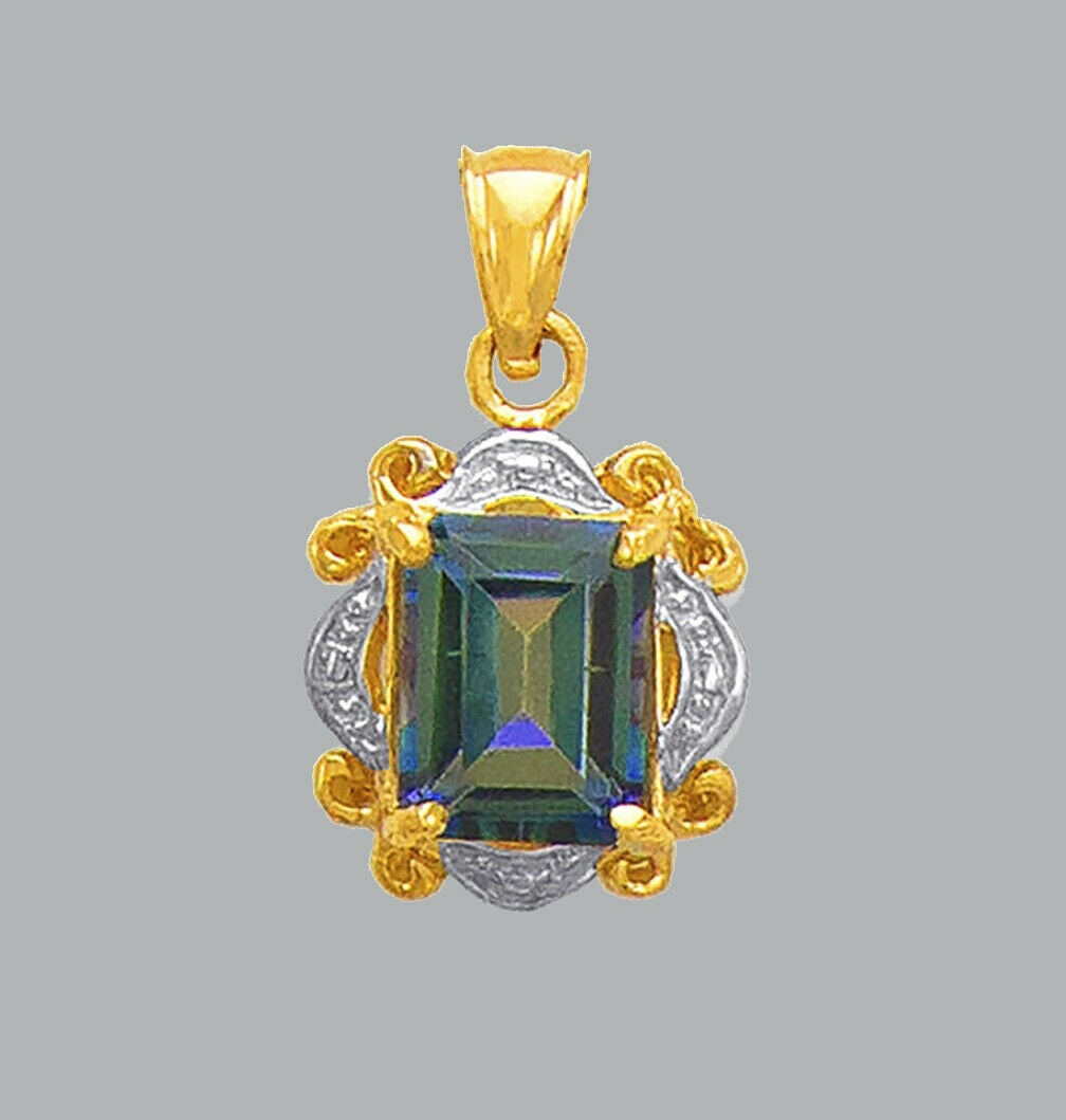 14K TWO TONE GOLD EMERALD CUT CZ FANCY CHARM PENDANT: NEW 14K TWO TONE GOLD CZ PENDANT New 14K Two tone Gold pendant Pendant measures 12x13mm Set with cubic zirconia Polished finish Stamp: 14k Apx Weight: 2.3g
