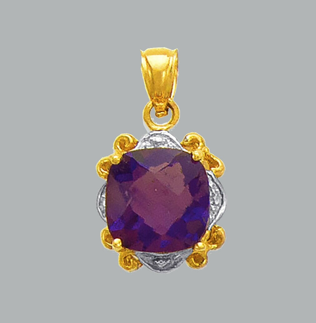 14K TWO TONE GOLD CUSHION CUT CZ CHARM PENDANT PURPLE (1 of 1)