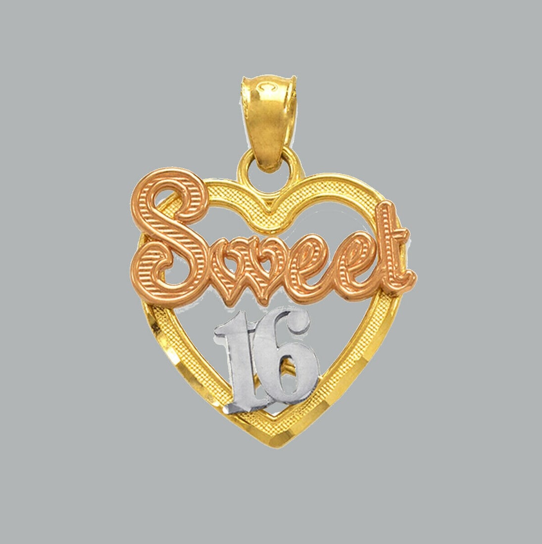 NEW 14K TRI COLOR GOLD PENDANT / CHARM HEART SWEET 16: NEW 14K TRI COLOR GOLD SWEET 16 HEART PENDANT New 14K Tri color Gold Pendant Measures: 16x16mm Pendant has a polished finish Stamp: 14k Apx Weight: 1.3g