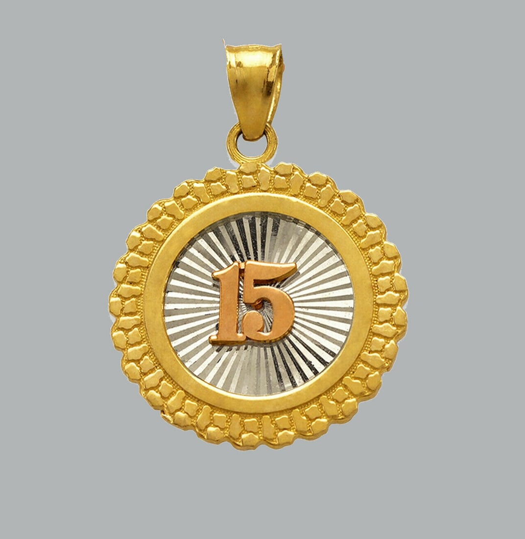 NEW 14K TRI COLOR GOLD PENDANT / CHARM 15 ANOS NUGGET: NEW 14K TRI COLOR GOLD 15 ANOS PENDANT New 14K Tri color Gold Pendant Measures: 21mm in diameter Pendant has a polished finish Stamp: 14k Apx Weight: 2.8g