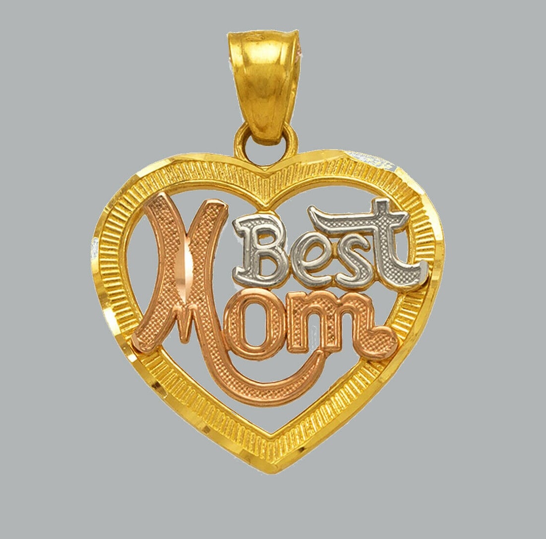 NEW 14K TRI COLOR GOLD PENDANT / CHARM MOTHER BEST MOM: NEW 14K TRI COLOR GOLD BEST MOM HEART PENDANT New 14K Tri color Gold Pendant Measures: 20mm x 18mm Pendant has a polished finish Stamp: 14k Apx Weight: 1.7g