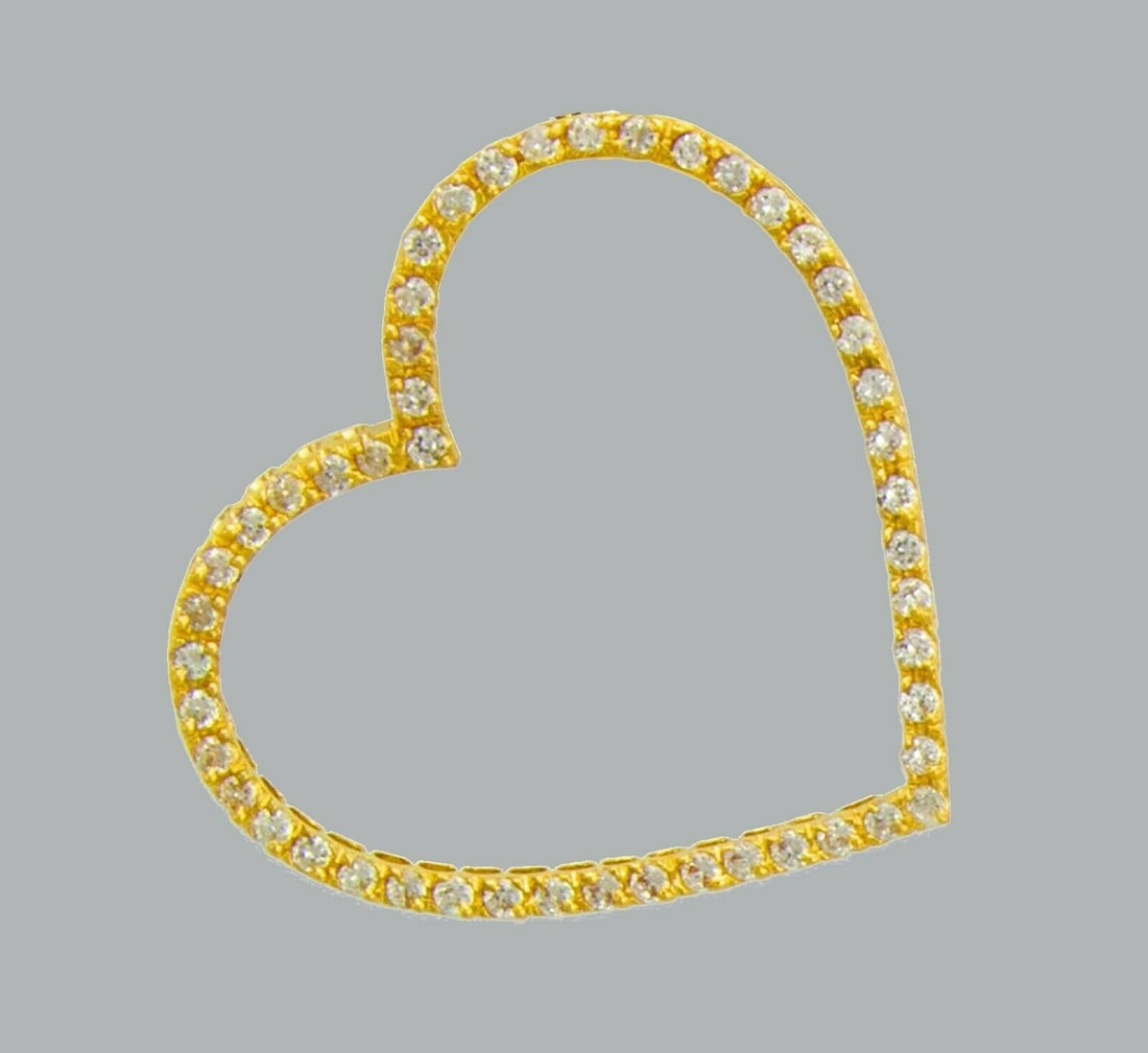 14K YELLOW GOLD CHARM PENDANT CZ OPEN HEART 40mm LARGE: NEW 14K YELLOW GOLD OPEN HEART PENDANT New 14K Yellow Gold Heart Pendant Measures: 40mm x 43mm - 9.1g Cubic Zirconia Pendant has a polished finish Stamp: 14k