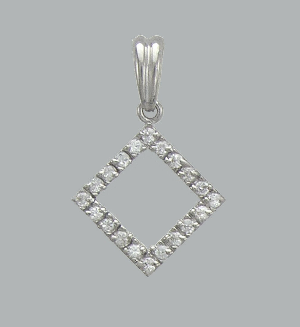 NEW 14K WHITE GOLD CZ FANCY CHARM PENDANT SQUARE: NEW 14K WHITE GOLD CZ SQUARE PENDANT New 14K White Gold pendant Pendant measures 15x15mm Set with cubic zirconia Polished finish Stamp: 14k Apx Weight: 1.3g