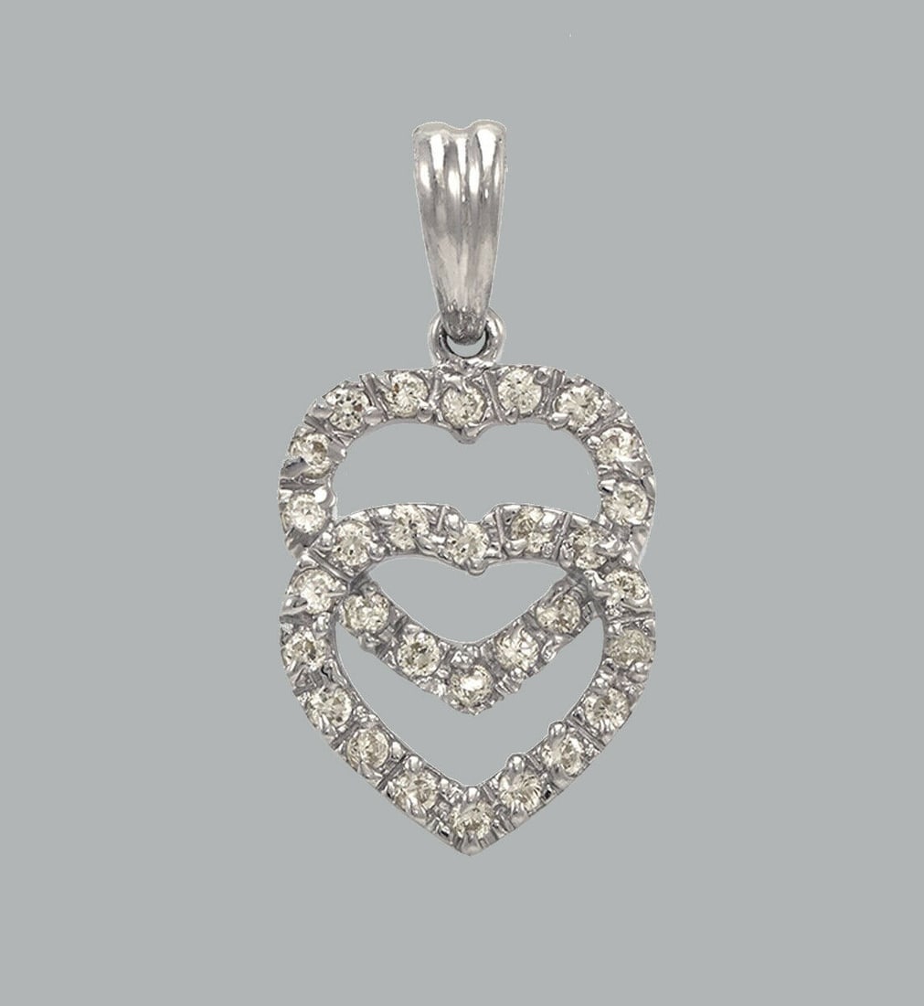 NEW 14K WHITE GOLD CZ FANCY CHARM PENDANT DOUBLE HEART (1 of 1)
