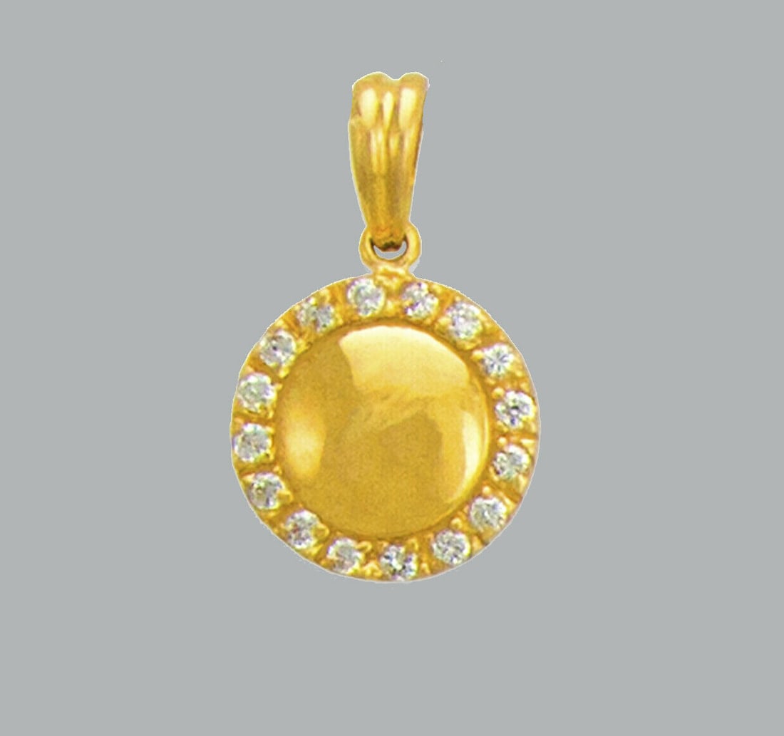 NEW 14K YELLOW GOLD CZ FANCY CHARM PENDANT CIRCLE: NEW 14K YELLOW GOLD CZ CIRCLE PENDANT New 14K Yellow Gold pendant Pendant measures 13mm Set with cubic zirconia Polished finish Stamp: 14k Apx Weight: 2.4g