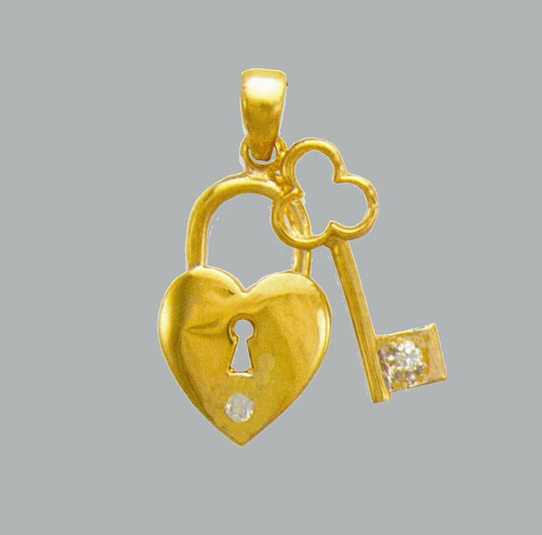 NEW 14K YELLOW GOLD LADIES FANCY CZ PENDANT LOCK & KEY (1 of 1)