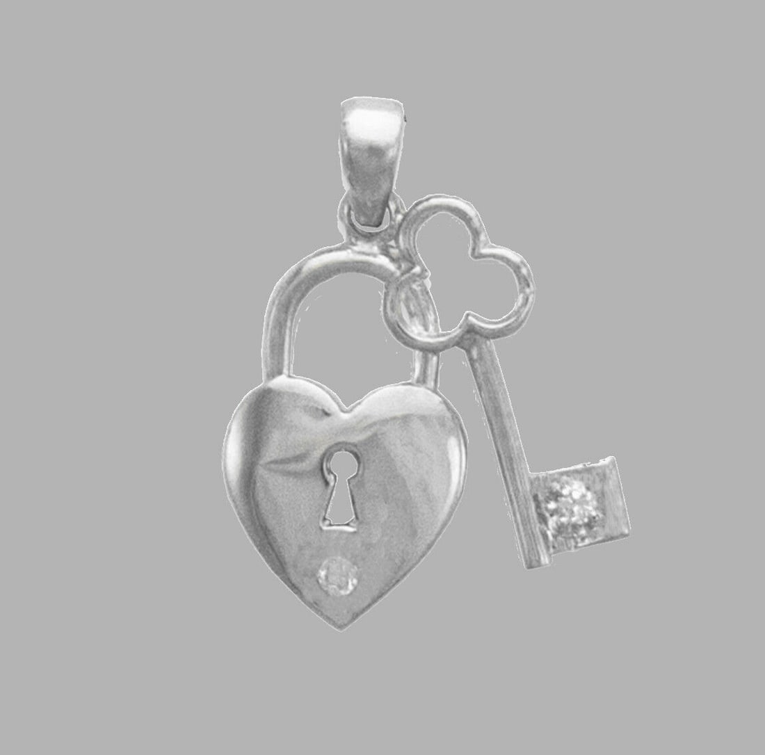 NEW 14K WHITE GOLD LADIES FANCY CZ PENDANT LOCK & KEY (1 of 1)