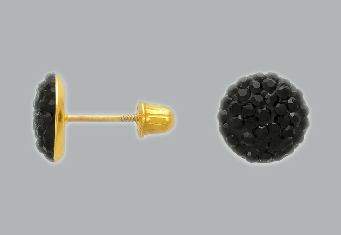 14K YELLOW GOLD STUD ENAMEL FLAT BLACK CZ BALL EARRINGS: NEW 14K YELLOW GOLD STUD EARRINGS New 14K Yellow Gold Earrings Measures: 7mm in diameter Earrings with Cubic Zirconia & Enamel Earrings have a polished finish Screw back Stamp: 14K