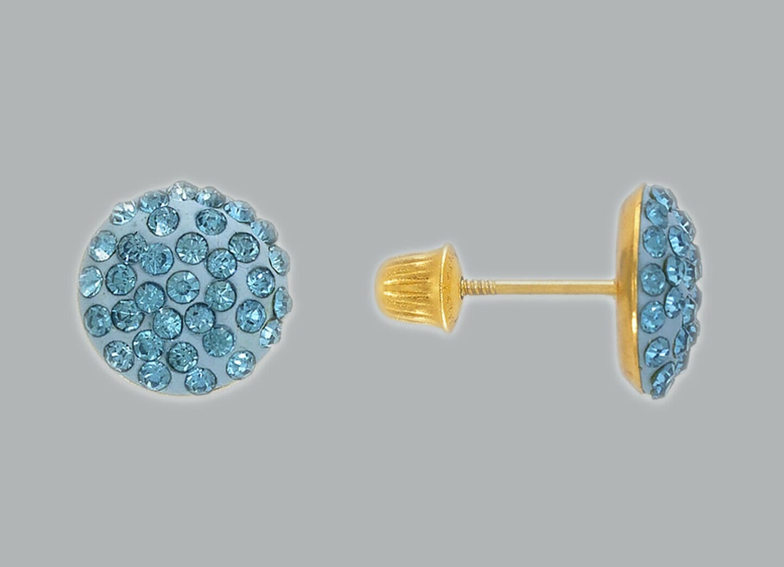 14K YELLOW GOLD STUD ENAMEL FLAT BLUE CZ BALL EARRINGS (1 of 2)