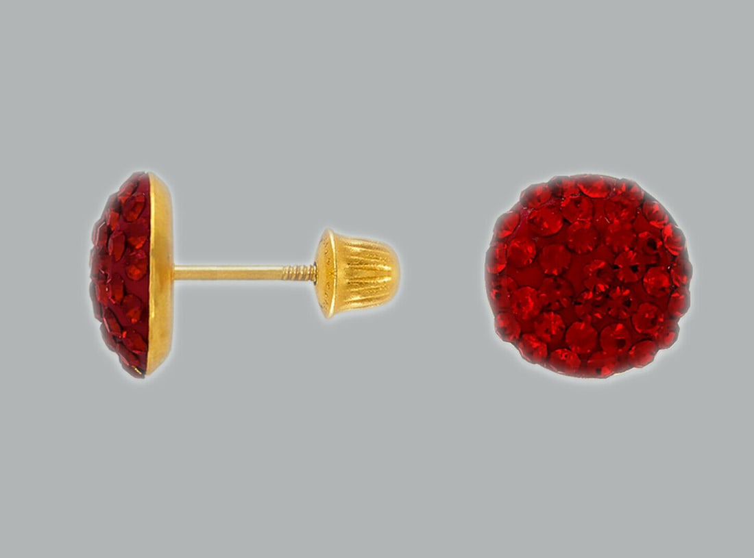 14K YELLOW GOLD STUD ENAMEL FLAT RED CZ BALL EARRINGS (1 of 2)