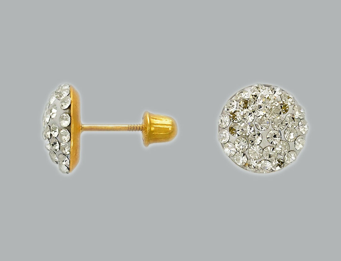 14K YELLOW GOLD STUD ENAMEL FLAT WHITE CZ BALL EARRINGS: NEW 14K YELLOW GOLD STUD EARRINGS New 14K Yellow Gold Earrings Measures: 7mm in diameter Earrings with Cubic Zirconia & Enamel Earrings have a polished finish Screw back Stamp: 14K
