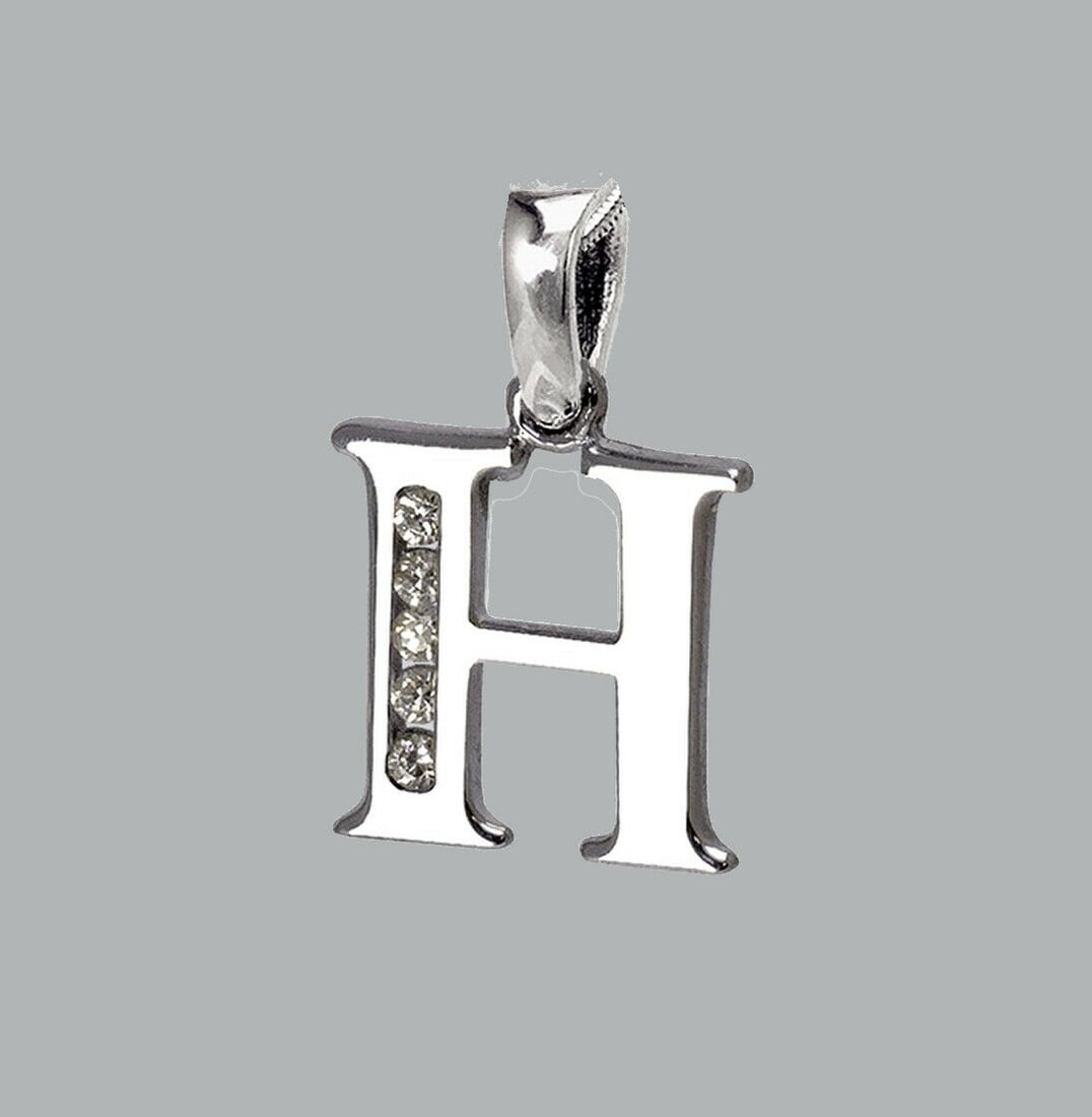 NEW 14K WHITE GOLD CZ FANCY CHARM PENDANT INITIAL H: NEW 14K WHITE GOLD CZ INITIAL PENDANT New 14K White Gold pendant Pendant measures 9x10mm Set with cubic zirconia Polished finish Stamp: 14k Apx Weight: 0.7g