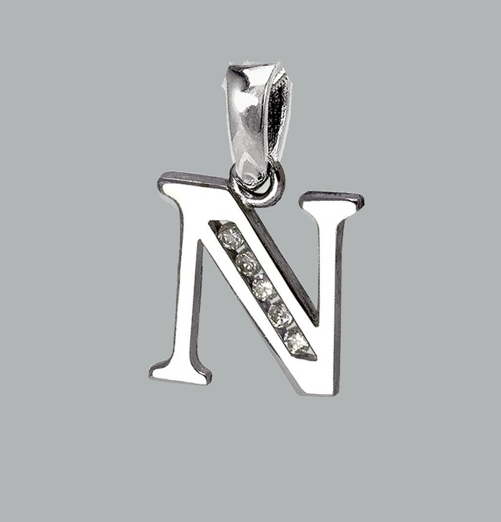 NEW 14K WHITE GOLD CZ FANCY CHARM PENDANT INITIAL N: NEW 14K WHITE GOLD CZ INITIAL PENDANT New 14K White Gold pendant Pendant measures 9x10mm Set with cubic zirconia Polished finish Stamp: 14k Apx Weight: 0.7g