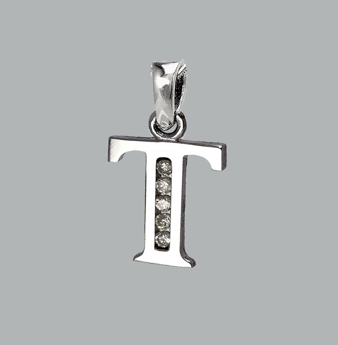 NEW 14K WHITE GOLD CZ FANCY CHARM PENDANT INITIAL T: NEW 14K WHITE GOLD CZ INITIAL PENDANT New 14K White Gold pendant Pendant measures 8x10mm Set with cubic zirconia Polished finish Stamp: 14k Apx Weight: 0.7g