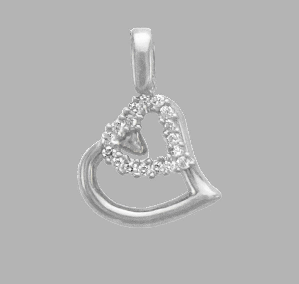 NEW 14K WHITE GOLD CZ FANCY CHARM PENDANT TWO HEARTS: NEW 14K WHITE GOLD CZ HEART PENDANT New 14K White Gold pendant Heart measures 14x15mm Set with cubic zirconia Polished finish Stamp: 14k Apx Weight: 1.8g
