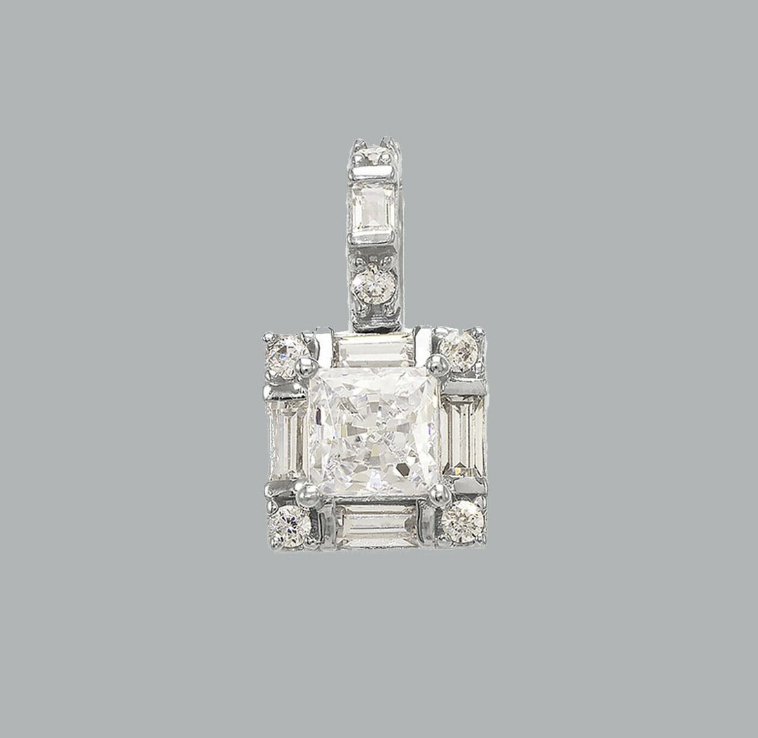 14K WHITE GOLD CZ CHARM PENDANT BAGUETTE PRINCESS CUT: NEW 14K WHITE GOLD CZ PENDANT New 14K White Gold pendant Measures 8x8mm Set with cubic zirconia Polished finish Stamp: 14k Apx Weight: 1.2g