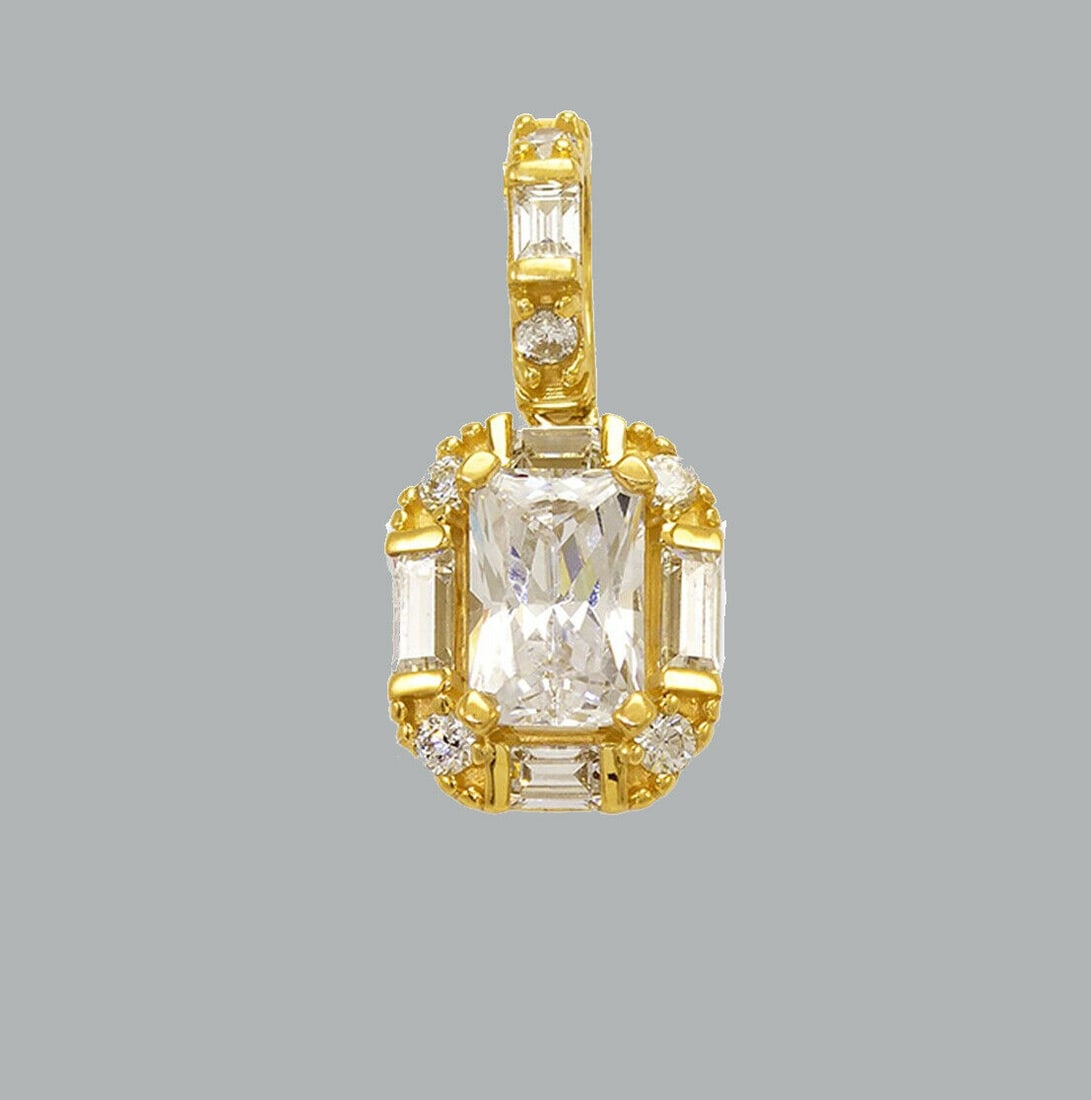 14K YELLOW GOLD CZ CHARM PENDANT BAGUETTE EMERALD CUT: NEW 14K YELLOW GOLD EMERALD CZ PENDANT New 14K Yellow Gold pendant Measures 8x9mm Set with cubic zirconia Polished finish Stamp: 14k Apx Weight: 1g
