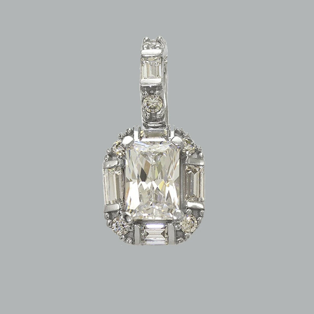 14K WHITE GOLD CZ CHARM PENDANT BAGUETTE EMERALD CUT: NEW 14K WHITE GOLD EMERALD CZ PENDANT New 14K White Gold pendant Measures 8x9mm Set with cubic zirconia Polished finish Stamp: 14k Apx Weight: 1g
