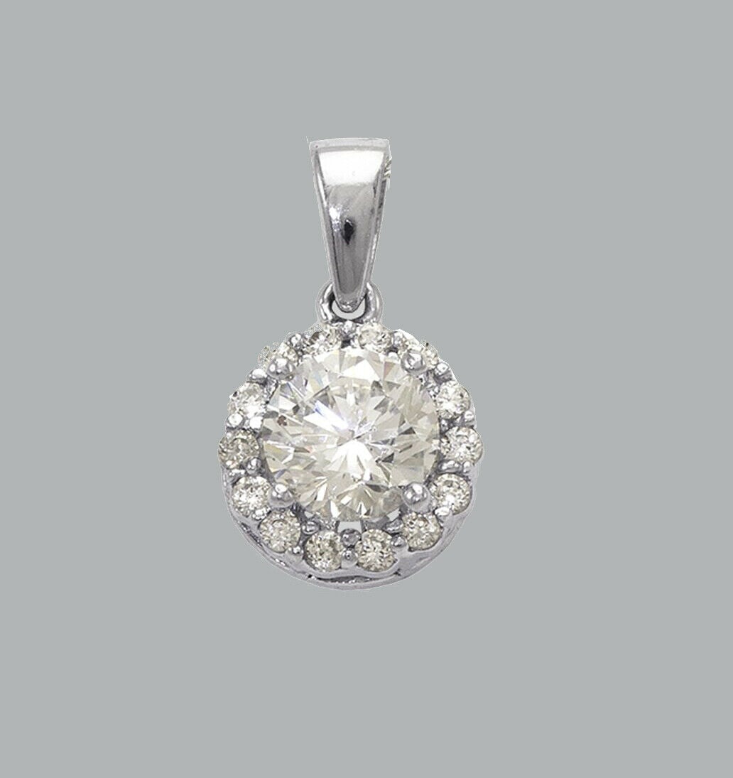 14K WHITE GOLD CZ CHARM PENDANT HALO ROUND CUT 7.5mm: NEW 14K WHITE GOLD HALO CZ PENDANT New 14K White Gold pendant Measures 7.5x7.5mm Set with cubic zirconia Polished finish Stamp: 14k Apx Weight: 0.9g