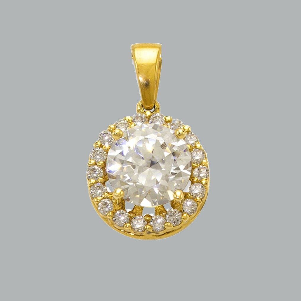 14K YELLOW GOLD CZ CHARM PENDANT HALO ROUND CUT 9mm (1 of 1)