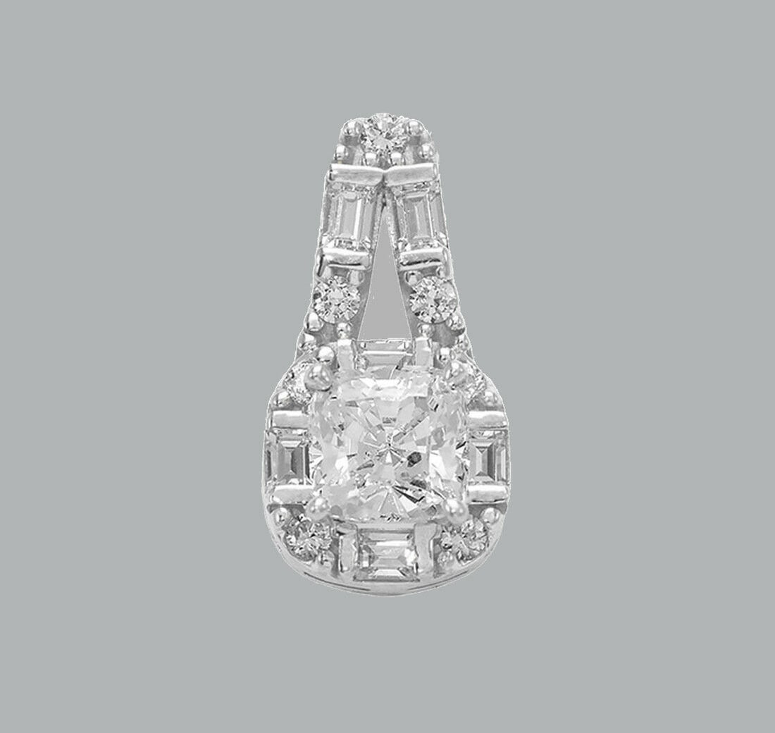 NEW 14K WHITE GOLD CZ FANCY CHARM PENDANT CUSHION CUT: NEW 14K WHITE GOLD CZ PENDANT New 14K White Gold pendant Measures 8x15mm Set with cubic zirconia Polished finish Stamp: 14k Apx Weight: 1.3g