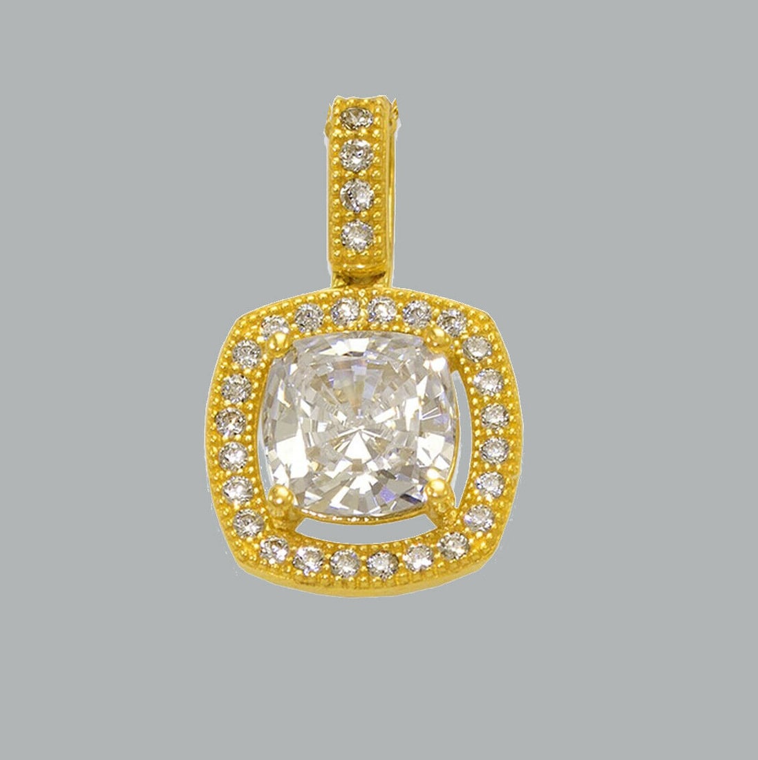 NEW 14K YELLOW GOLD CZ FANCY CHARM PENDANT HALO CUSHION: NEW 14K YELLOW GOLD CUSHION CZ PENDANT New 14K Yellow Gold pendant Measures 10mm x 10mm Set with cubic zirconia Polished finish Stamp: 14k Apx Weight: 1.3g