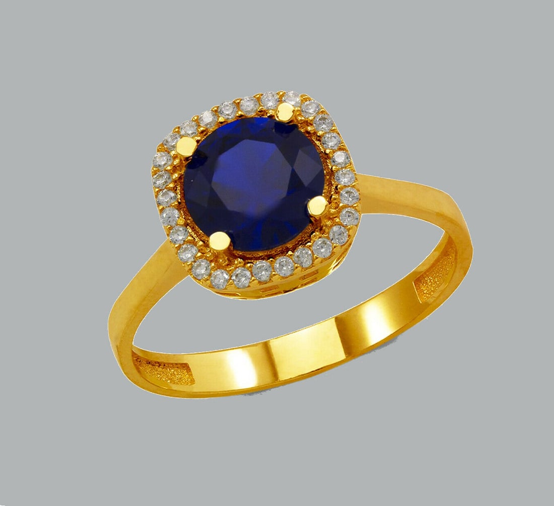 NEW 14K YELLOW GOLD LADIES CZ RING BLUE HALO (1 of 1)