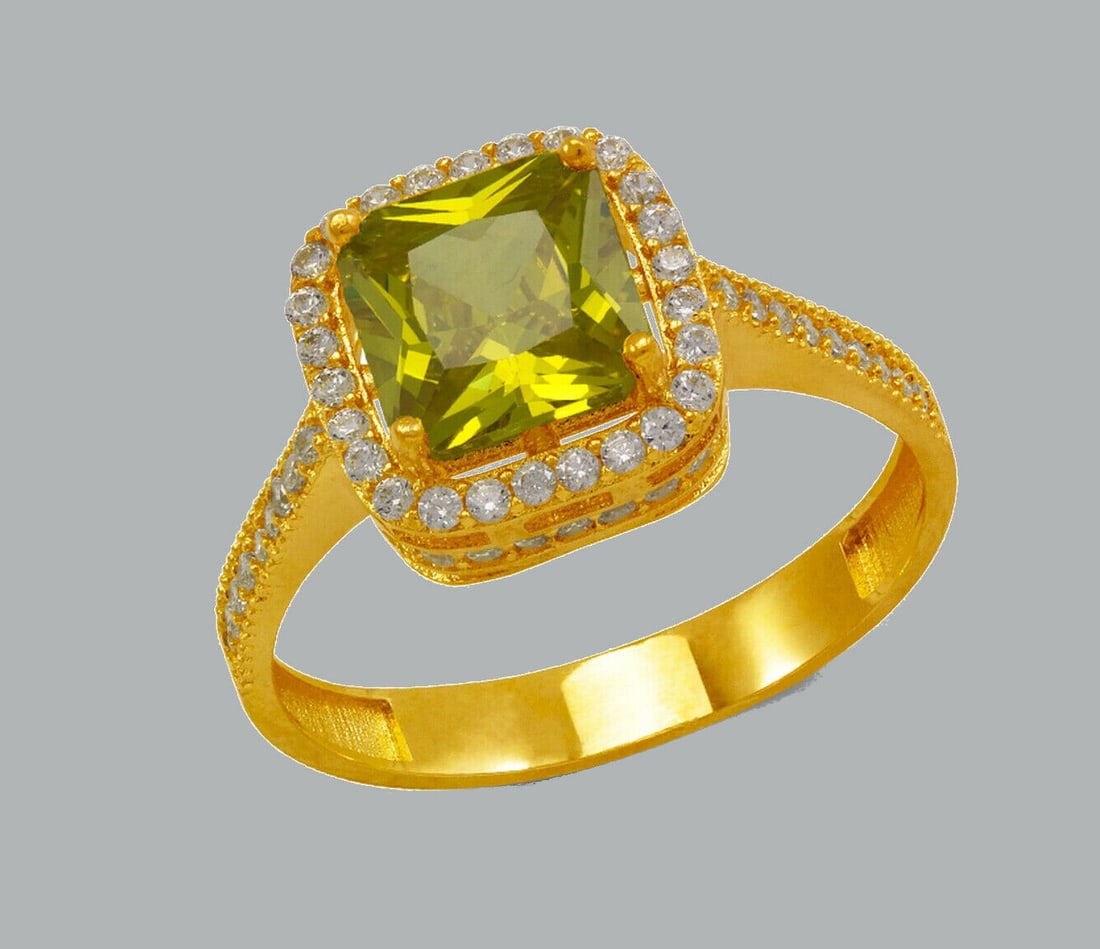 NEW 14K YELLOW GOLD LADIES CZ RING GREEN SQUARE HALO (1 of 1)