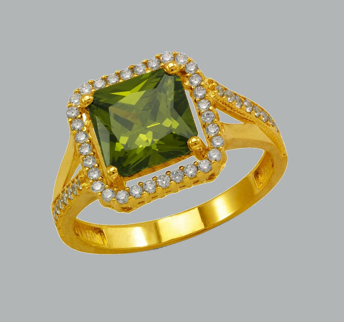 NEW 14K YELLOW GOLD LADIES CZ RING GREEN SQUARE HALO (1 of 1)