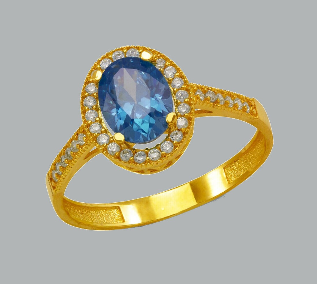 NEW 14K YELLOW GOLD LADIES CZ RING OVAL BLUE HALO (1 of 1)
