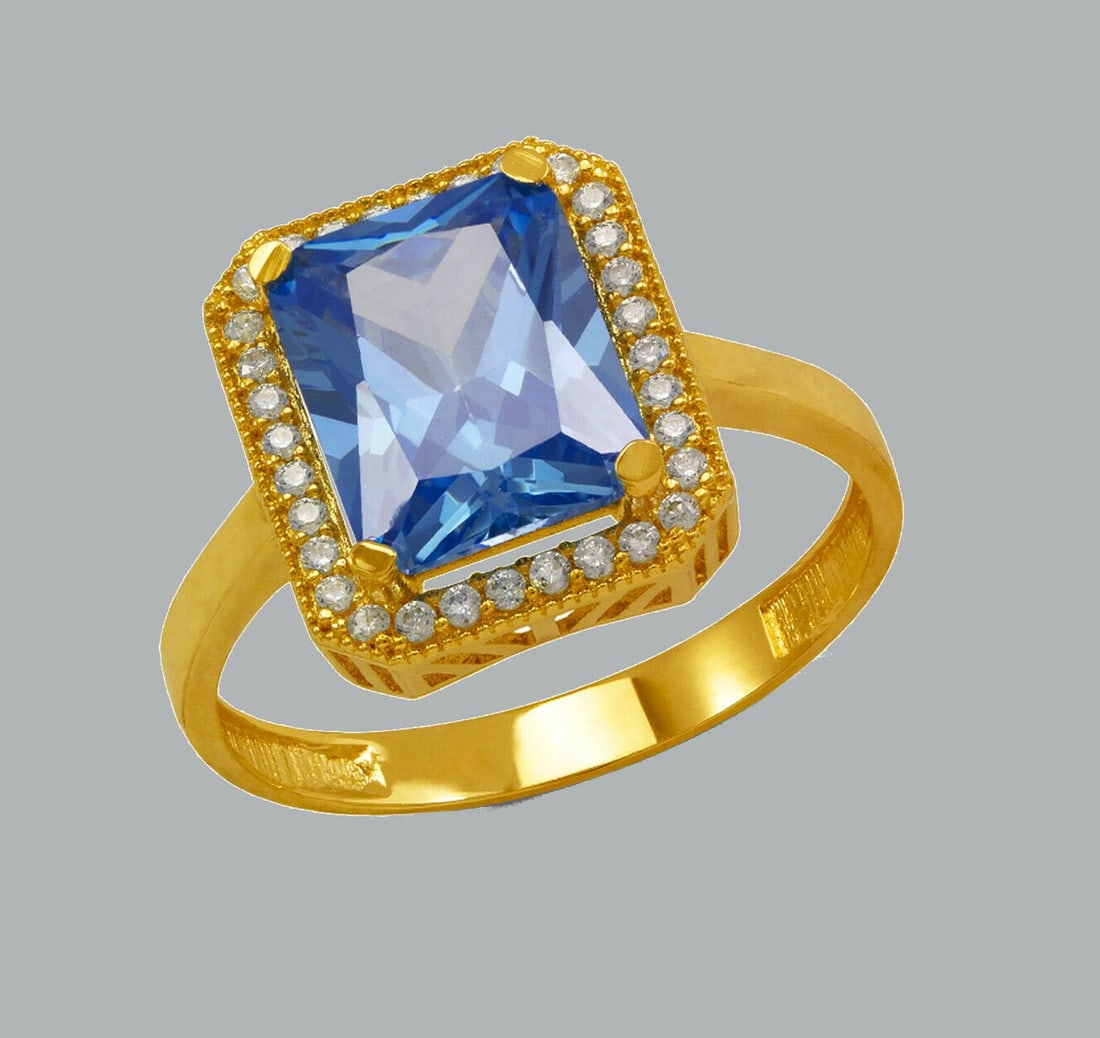 14K YELLOW GOLD CZ RING EMERALD CUT BLUE HALO RING (1 of 1)