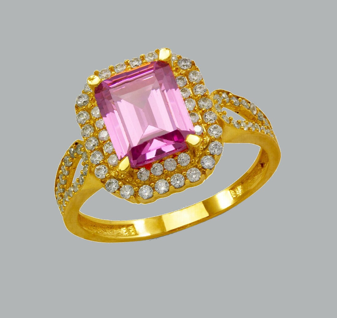 14K YELLOW GOLD CZ RING EMERALD CUT PINK HALO RING (1 of 1)