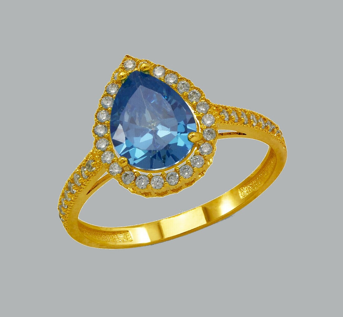 14K YELLOW GOLD CZ RING BLUE PEAR SHAPE HALO RING (1 of 1)