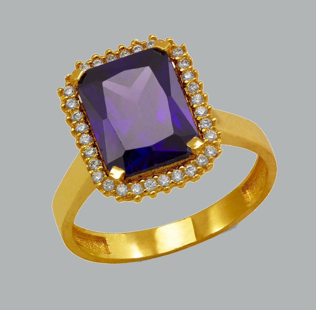 14K YELLOW GOLD LADIES CZ RING PURPLE EMERALD CUT HALO (1 of 1)